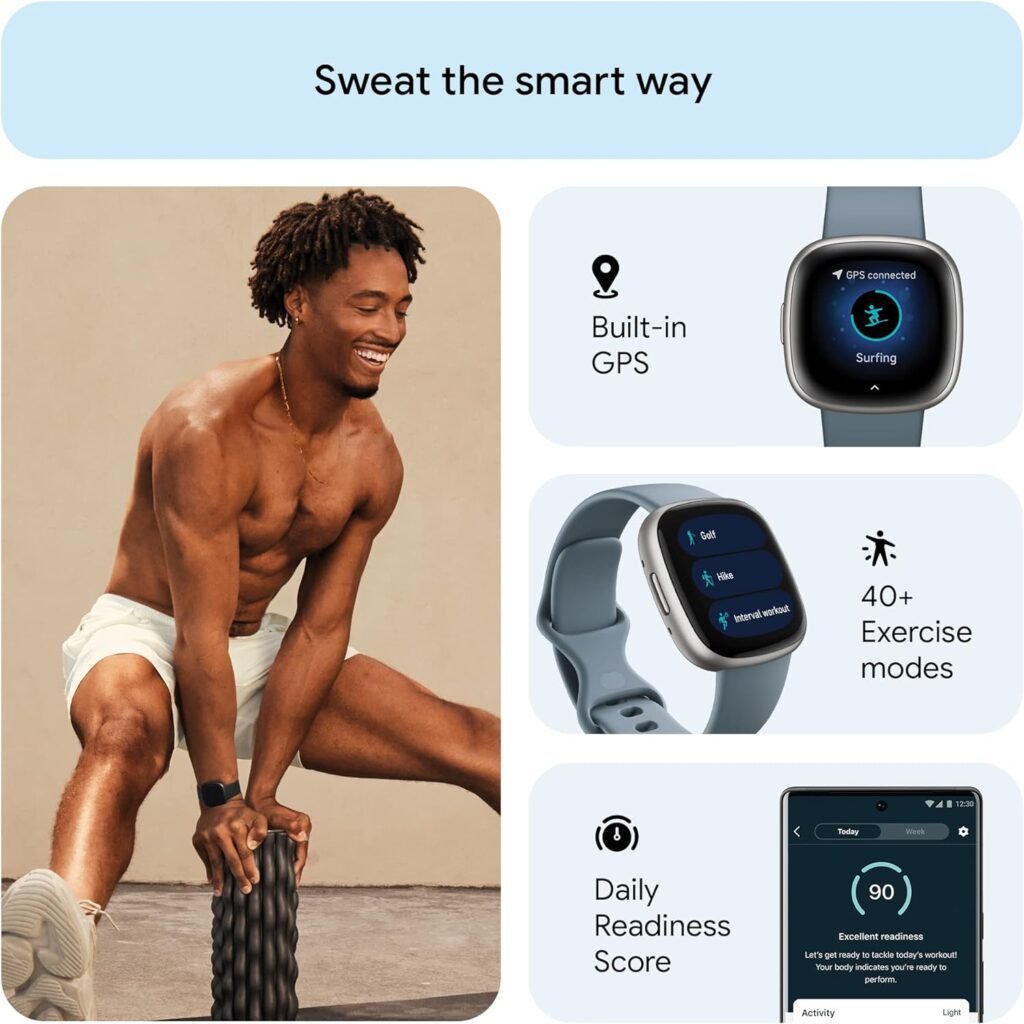 Fitbit Versa 4 Fitness Smartwatch with Daily Readiness, GPS, 24/7 Heart Rate, 40+ Exercise Modes, Sleep Tracking and more, Black/Graphite, One Size (S  L Bands Included)